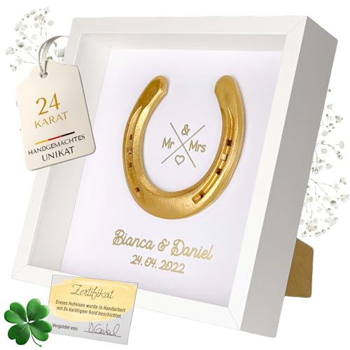 Hochzeitsgeschenk | Hufeisen im Bilderrahmen | Glückshufeisen mit Personalisierung | Personalisiertes Geschenk zur Hochzeit | Persönliches Geschenk Brautpaar | Geschenk Namen (Vergoldet/Weiß) von Thiger