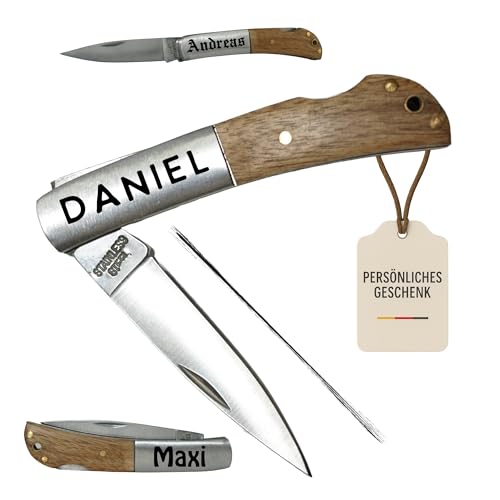 Thiger® Personalisiertes Taschenmesser – Edelstahl & Akazienholz – Gravur auf Griff – Geschenk für Männer, Papa, Opa, Geburtstag, Vatertag, Outdoor – Messer mit Namen (Forest) von Thiger