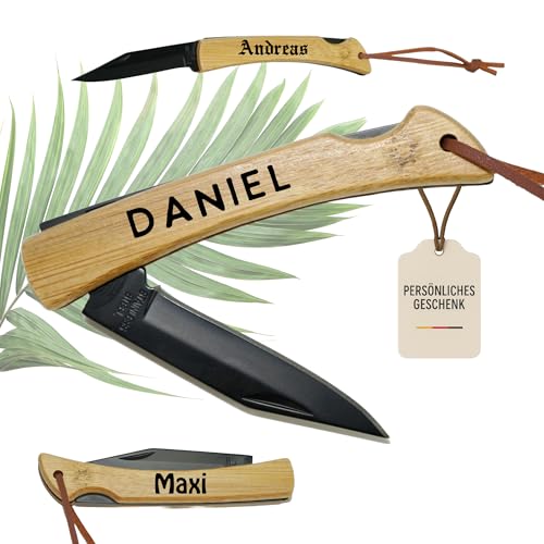 Thiger® Personalisiertes Taschenmesser aus Bambus – Gravur auf Griff – Schwarze Klinge – Geschenk für Männer, Opa, Papa, Wandern, Geburtstag, Vatertag – Messer mit Namen (Black Bamboo) von Thiger