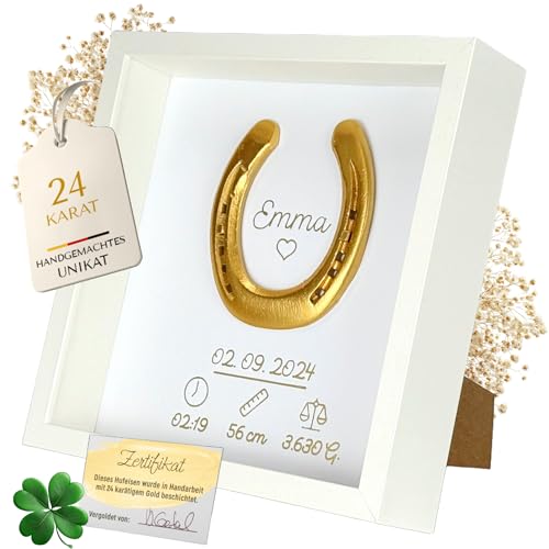 Thiger Personalisiertes Geschenk Geburt - Glückshufeisen im Bilderrahmen | Personalisierte Geschenke zur Geburt | Baby Geschenk Mädchen & Junge (Vergoldet/Weiß) von Thiger