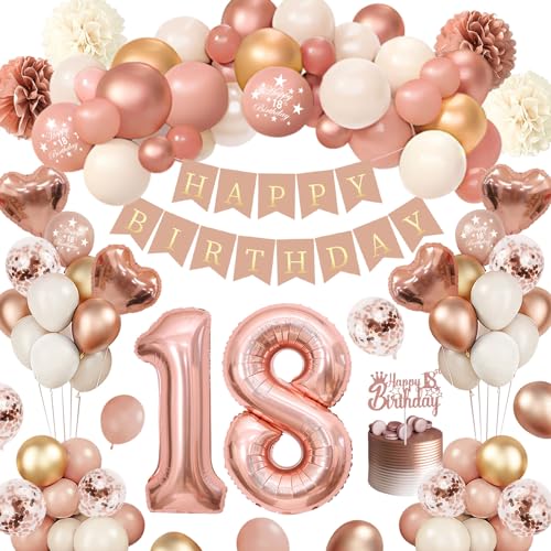 18 Geburtstag Mädchen Frauen, Thinbal Deko 18. Geburtstag Ballon Roségold, Geburtstagsdeko 18 mit Happy Birthday Banner, Luftballon 18, Pompoms für Frau 18. Geburtstag Girlande Party Dekorationen von Thinbal