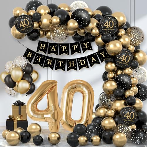 40 Geburtstag Deko, 40. Geburtstag Männer Frauen, 40 Jahr Geburtstagdeko Schwarz Gold Luftballons mit Happy Birthday Banner,Luftballon 40, Deko 40. Geburtstag Girlande für Mann Frau Party Decoration von Thinbal