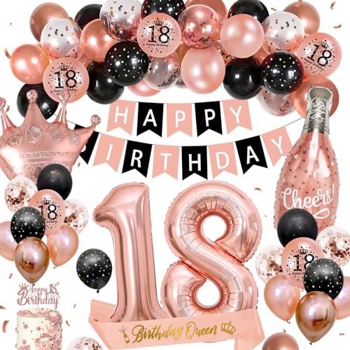 Deko 18 Geburtstag Mädchen, Thinbal Rosegold Schwarz Geburtstagsdeko Set mit Happy Birthday Banner, 18th Ballons,Geburtstag Girlande Luftballon für Frau Mädchen 18. Geburtstag Party Deko Supplies von Thinbal