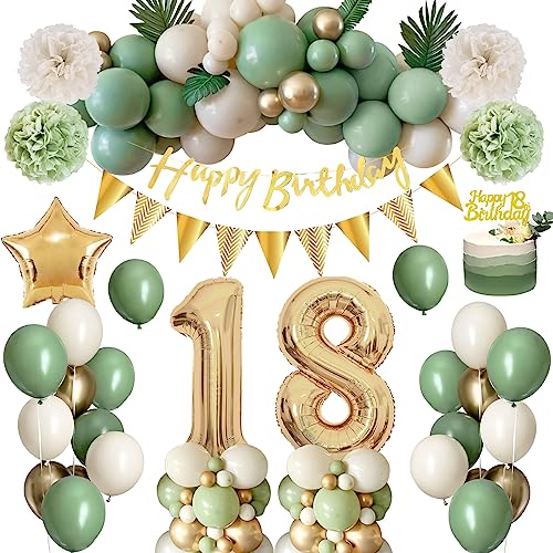 Deko 18 Geburtstag Mädchen Junge,Thinbal Geburtstagsdeko 18 Mädchen JungeGeburtstag Avocado Grüne Gold Luftballons mit Happy Birthday Banner,Pompoms für Frau Mann 18. Geburtstag Dekorationen von Thinbal