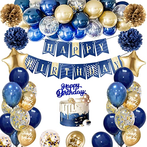 Geburtstagsdeko Blau Gold, Thinbal Geburtstagsdeko Männer Frauen mit Marineblau Gold Luftballons Happy Birthday decorations Banner, Kuchen Topper,Pompons für Geburtstag Party Deko Männer Frauen von Thinbal