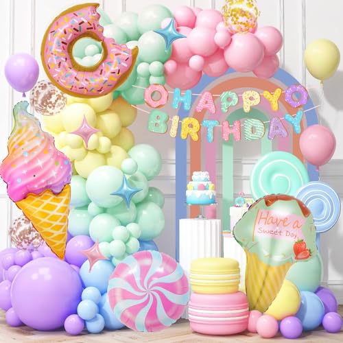 Geburtstagsdeko Mädchen Pastell, Thinbal Kindergeburtstag Party Deko, Luftballons Girlande mit Süßigkeiten Donut Eis Creme Folienballon, Happy Birthday Banner, 1-10 Jahre Geburtstags Baby Shower Deko von Thinbal