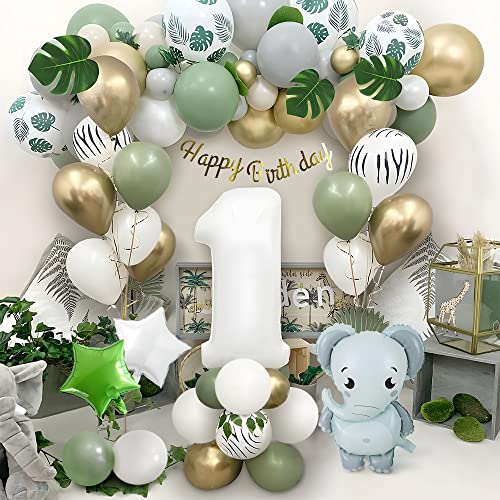 Luftballon 1. Geburtstag Dschungel, Thinbal Geburtstagsdeko 1 Jahr Junge, Safari Grüne Grau Weiß Gold Ballon Weiß 1 Jahr Elefant Folienballon für Wild One Deko 1. Geburtstag Mädchen Baby Shower von Thinbal