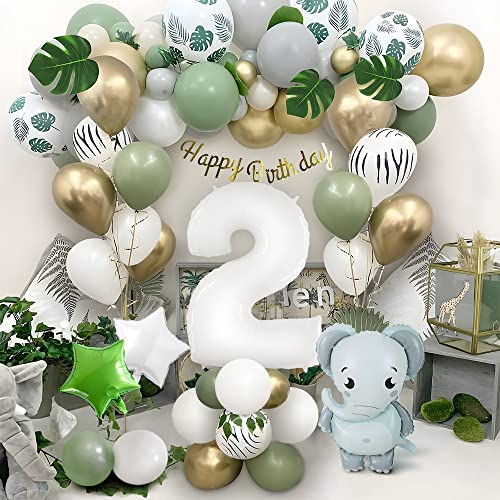 Luftballon 2. Geburtstag Dschungel, Thinbal Geburtstagsdeko 2 Jahr Junge, Safari Grüne Grau Weiß Gold Ballon Weiß 2 Jahr Elefant Folienballon für Wild Two Deko 2. Geburtstag Mädchen Baby Shower von Thinbal