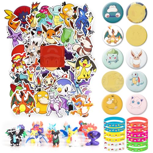 Thingehoy 96Pcs Spielzeug Set, Party Set Geburtstag, 50PC Aufkleber Kinder+24PC Minifiguren Zufällig+12PC Armband Silikon+12PC Abzeichen, Mitgebsel Kindergeburtstag Geburtstagsdeko von Thingehoy