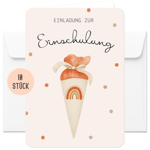 10 Einladungskarten inkl. Umschläge für Einschulung, Schulanfang Junge & Mädchen | Blanko Einladungskarten Schulanfang Klappkarte DIN A6 (Einladung Einschulung Orange 10 Stück) von Things of Happiness