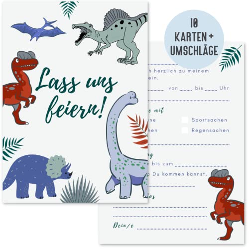 Things of Happiness 10 Einladungskarten zum Kindergeburtstag Dinosaurier-Party by Geburtstagseinladungen Dinos mit Briefumschlägen | Einladung zum Geburtstag für Kinder Mädchen Junge (Dinosaurier) von Things of Happiness