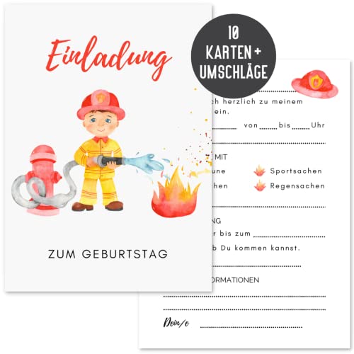 Things of Happiness 10 Einladungskarten zum Kindergeburtstag inkl. Briefumschläge Feuerwehr Geburtstagseinladungen Feuerwehr Junge | Einladung zum Geburtstag für Kinder Mädchen Junge (Feuerwehr) von Things of Happiness