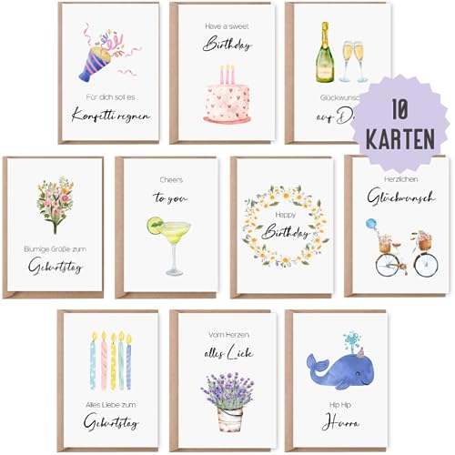 10 Geburtstagskarten | Glückwunschkarten zum Geburtstag | Set 10 Klappkarten Happy Birthday inklusive Naturkuvert | Karten Geburtstag | Glückwunschkarten aquarell (Geburtstag) von Things of Happiness