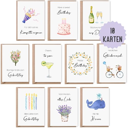 10 Geburtstagskarten | Glückwunschkarten zum Geburtstag | Set 10 Klappkarten Happy Birthday inklusive Naturkuvert | Karten Geburtstag | Glückwunschkarten aquarell (Geburtstag) von Things of Happiness