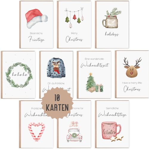 10 Weihnachtskarten | Grußkarten Weihnachten | Set 10 Klappkarten Frohe Weihnachten inklusive 10 Naturkuverts | Karten Weihnachten | Merry Christmas aquarell (Weihnachten) von Things of Happiness