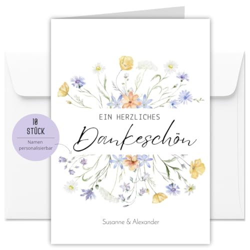 10 personalisierte Dankeskarten inkl. Umschläge für Hochzeit, Taufe, Geburtstag, Baby, Kommunion, Jugendweihe | Karten Danke | Klappkarte DIN A6 (Wildblumen personalisiert 10 Stück) von Things of Happiness