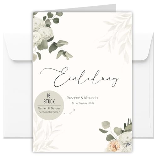 10 personalisierte Einladungskarten Eucalyptus Blüten inkl. Umschläge für Hochzeit, Geburtstag, Konfirmation, Kommunion, Taufe | Klappkarte DIN A6 (Eucalyptus Blüten Beige personalisiert 10 Stück) von Things of Happiness