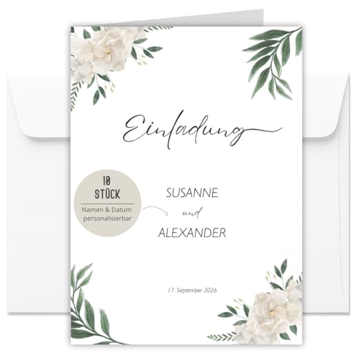 10 personalisierte Einladungskarten Eucalyptus für Hochzeit, Standesamt, Save the Date | Hochzeitseinladungen DIN A6 mit 10x Umschlägen (Eucalyptus Blüten Weiß personalisiert 10 Stück) von Things of Happiness
