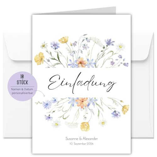 10 personalisierte Einladungskarten floral für Hochzeit, Taufe, Geburtstag, Konfirmation, Kommunion, Jugendweihe | Einladungen mit Umschläge DIN A6 (Wildblumen personalisiert 10 Stück) von Things of Happiness