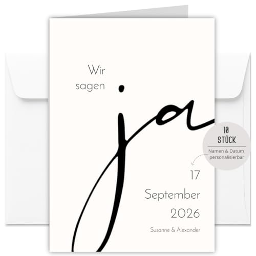 10 personalisierte Hochzeitseinladungen Wir sagen Ja inkl. Umschläge | Einladungen für Hochzeit, Standesamt, Save the Date Karten Hochzeit | Klappkarte DIN A6 (Wir sagen ja personalisiert 10 Stück) von Things of Happiness