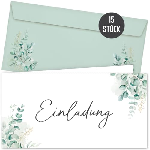 15 Einladungskarten inkl. Umschläge für Hochzeit, Standesamt, Geburtstag, Taufe | Einladung Jugendweihe, Kommunion, Konfirmation | 15 Klappkarten DIN lang | Eucalyptus von Things of Happiness