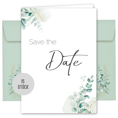 15 Save the Date Karten inkl. Umschlag für Hochzeit, Standesamt, Geburtstag, Baby, Kommunion, Jugendweihe, Taufe | Karte Save the Date | Klappkarte DIN A6 (Eucalyptus) von Things of Happiness