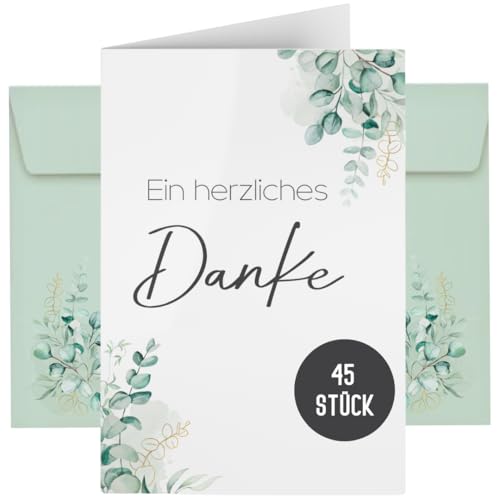 45 Dankeskarten inkl. Umschläge für Hochzeit, Standesamt, Geburtstag, Baby, Kommunion, Jugendweihe, Taufe | Karte Danke | Klappkarte DIN A6 (Eucalyptus 45 Stück) von Things of Happiness