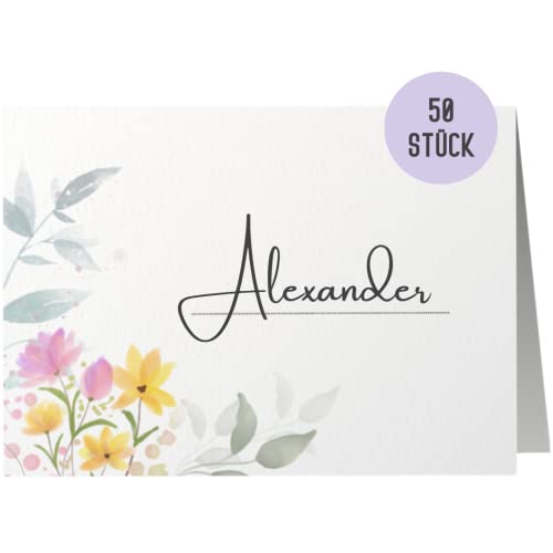 50 Namensschilder Hochzeit by Things of Happiness | Sitzplatzkarten Blanko | Platzkarten, Tischkarten Namenskarten 50er Set im Boho Design (Pastell Blumen) von Things of Happiness