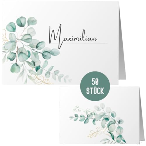 50 Stück Tischkarten Hochzeit | Namenskarten by Things of Happiness | Elegantes Design Sitzplatzkarten | Platzkarten, Namensschilder zum Beschriften 50er Set im Boho Design (Grün Eucalyptus) von Things of Happiness