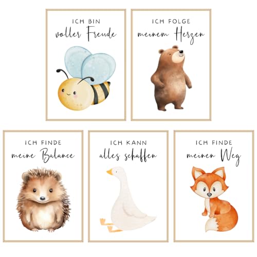 Affirmationsposter für Kinder 5er Set | Tier-Poster positive Glaubensansätze Kinderzimmer | Poster mit Affirmation als Geschenk zur Geburt, Taufe (Set Bär, Biene, Fuchs, Igel, Gans, DIN A3) von Things of Happiness