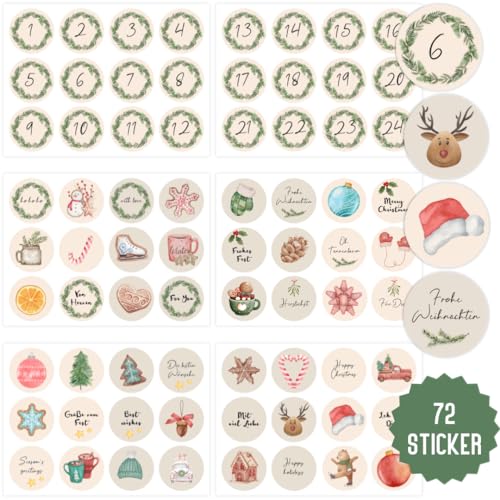 Aufkleber Weihnachten Rund | 72 Sticker Adventskalender Zahlen | Weihnachtsaufkleber Skandinavische Weihnachten | Aufkleber Weihnachtskalender Geschenke (Skandi Style) von Things of Happiness