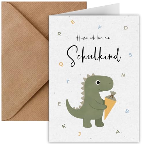 Einschulungskarte Dino für Jungen mit Umschlag | Klappkarte DIN A6 zur Einschulung | Schulkind Karte für Erstklässler | Karte Schulanfang Erstklässler | Ich bin ein Schulkind (Einschulung Dino) von Things of Happiness