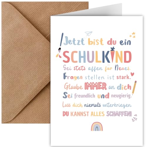 Einschulungskarte mit Mutmachsprüchen für Schulkind inkl. Umschlag | Karte Schulanfang, Einschulung für Junge & Mädchen | Klappkarte DIN A6 Glückwünsche Schulstart Baby (Einschulung bunt) von Things of Happiness