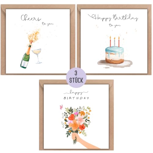 Geburtstagskarten Set inklusive Umschläge | 3 Stück Happy Birthday Karten | Glückwunschkarten zum Geburtstag | Klappkarte Geburtstag neutral modern (Happy Birthday - 3 Stück) von Things of Happiness