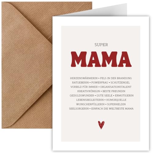 Karte Mama mit Umschlag | Klappkarte A6 Super Mama | Muttertagskarte | Glückwunschkarte Mama Geburtstag, Muttertag | Karte für Mama zum Danke sagen | Geburtstagskarte Mutti (Super Mama Eigenschaften) von Things of Happiness