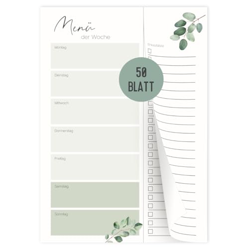 Menüplaner mit Einkaufsliste zum Abtrennen | Essensplaner 50 Blatt | Notizblock für Mahlzeiten | Speiseplan für Familie, Freunde, WG, Diät| DIN-A5 Block (Eucalyptus) von Things of Happiness