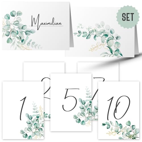 Set Tischnummern & Namenskarten Hochzeit | 50 Platzkarten zum beschriften + Tischnummern von 1-10 für Geburtstag Konfirmation Kommunion Taufe Feier (Grün Eucalyptus) von Things of Happiness