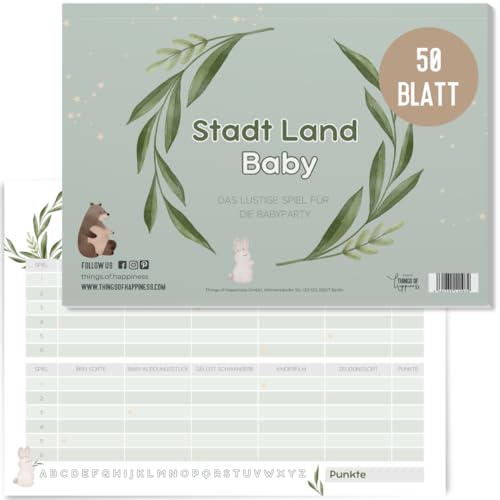 Stadt, Land, Fluss Kultspiel Sonderedition Babyparty Junggesellinnenabschied JGA Frauenabend Mädelsabend Quiz Ratespiel (Babyparty Eucalyptus Grün) von Things of Happiness