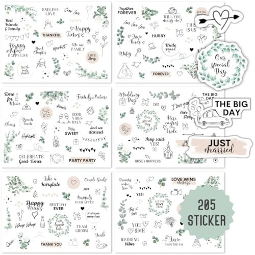 Sticker Hochzeit Gästebuch | 205 Aufkleber Fotoalbum Hochzeit | Vintage Sticker für Scrapbook Standesamt | Wedding Deko Grün Eucalyptus (Hochzeit Grün Eucalyptus) von Things of Happiness