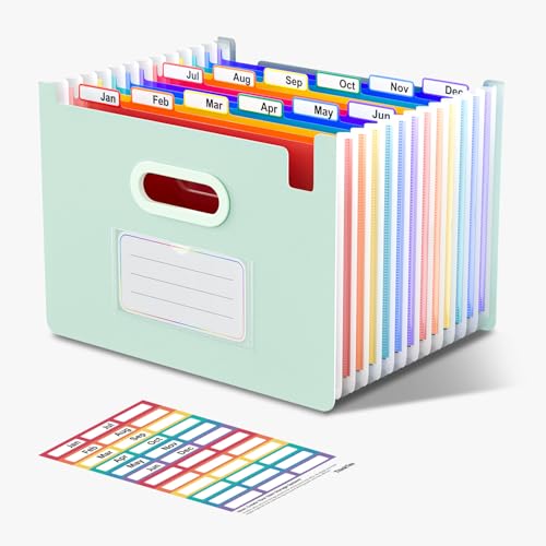 ThinkTex Dokumentenmappe A4, 12 Fächern Sortiermappe Fächermappe Datei Organizer, Aufrecht und oben offen, Akkordeon Ordner Tragbar Sortiermappe für Zuhause oder Büro Dokumente - Morandi Grün von ThinkTex