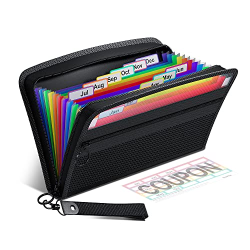 ThinkTex Quittung Coupon Organizer,12 Taschen kleine Akkordeon-Datei Veranstalter,klein Größe 28 x 15 cm,Reißverschluss,Bunt Etiketten von ThinkTex