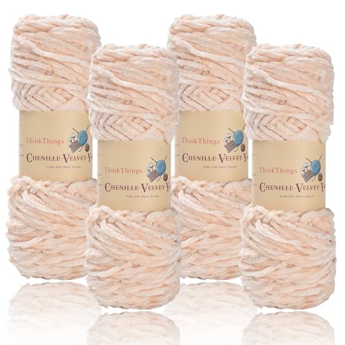 ThinkThings Chenille-Garn zum Häkeln, Babydeckengarne, grobes Stricken, flauschiger Samt, sperrig, 4 Stück, 4 x 100 m, DIY Handwerk Plüsch (Beige) von ThinkThings