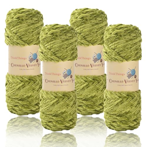 ThinkThings Chenille-Garn zum Häkeln, Babydeckengarne, grobes Stricken, flauschiger Samt, sperrig, 4 Stück, 4 x 100 m, DIY Handwerk Plüsch (Grasgrün) von ThinkThings