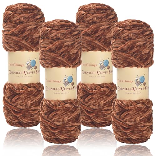 ThinkThings Chenille-Garn zum Häkeln, Babydeckengarne, grobes Stricken, flauschiger Samt, sperrig, 4 Stück, 4 x 100 m, DIY Handwerk Plüsch (Karamell) von ThinkThings