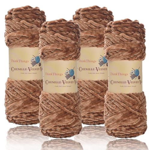 ThinkThings Chenille-Garn zum Häkeln, Babydeckengarne, grobes Stricken, flauschiger Samt, sperrig, 4 Stück, 4 x 100 m, DIY Handwerk Plüsch (Khaki) von ThinkThings