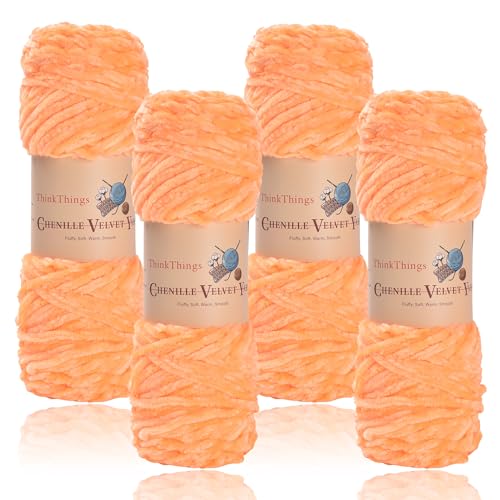 ThinkThings Chenille-Garn zum Häkeln, Babydeckengarne, grobes Stricken, flauschiger Samt, sperrig, 4 Stück, 4 x 100 m, DIY Handwerk Plüsch (Orange) von ThinkThings