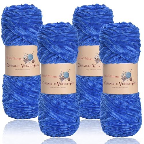 ThinkThings Chenille-Garn zum Häkeln, Babydeckengarne, grobes Stricken, flauschiger Samt, sperrig, 4 Stück, 4 x 100 m, DIY Handwerk Plüsch (Saphirblau) von ThinkThings