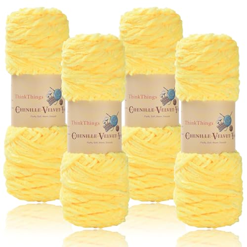 ThinkThings Chenille-Garn zum Häkeln, Babydeckengarne, grobes Stricken, flauschiger Samt, sperrig, 4 Stück, 4 x 100 m, DIY Handwerk Plüsch (gelb) von ThinkThings