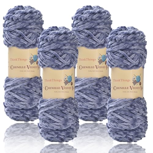ThinkThings Chenille-Garn zum Häkeln, Babydeckengarne, grobes Stricken, flauschiger Samt, sperrig, 4 Stück, 4 x 100 m, DIY Handwerk Plüsch (grau) von ThinkThings