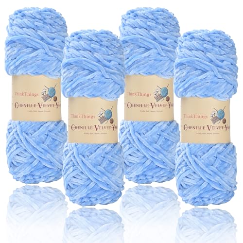 ThinkThings Chenille-Garn zum Häkeln, Babydeckengarne, grobes Stricken, flauschiger Samt, sperrig, 4 Stück, 4 x 100 m, DIY Handwerk Plüsch (hellblau) von ThinkThings